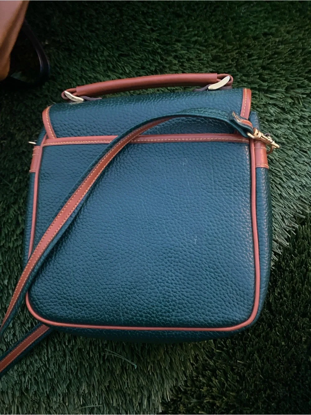 Dooney & Bourke Dark Green Pebbled Leather Crossbody with Tan Trim